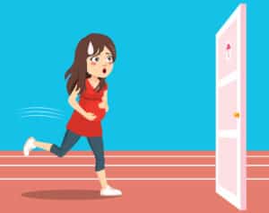 Animated image of pregnant woman running to the bathroom due to urinary incontinence.